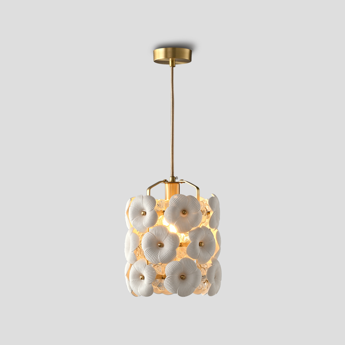 Handcrafted Camellia Ceramic Pendant Light in Brushed Brass 1 Handcrafted Camellia Ceramic Pendant Light in Brushed Brass
