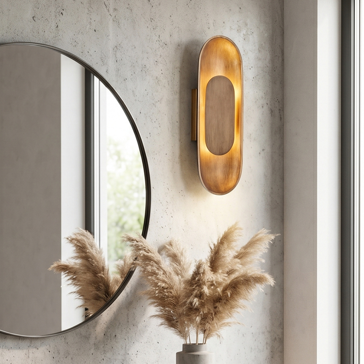 Modern Oval LED Wall Sconce 3 Minimalist brass LED wall sconce on a concrete finish wall beside a round bathroom vanity mirror.