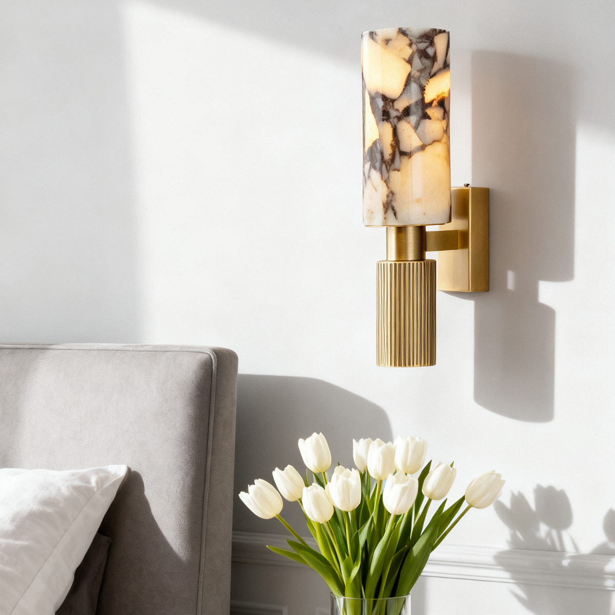 Natural Veining Cream Onyx Sconce - LED Wall Light with Brass Finish 5 Natural Veining Cream Onyx Sconce - LED Wall Light with Brass Finish - Image 5