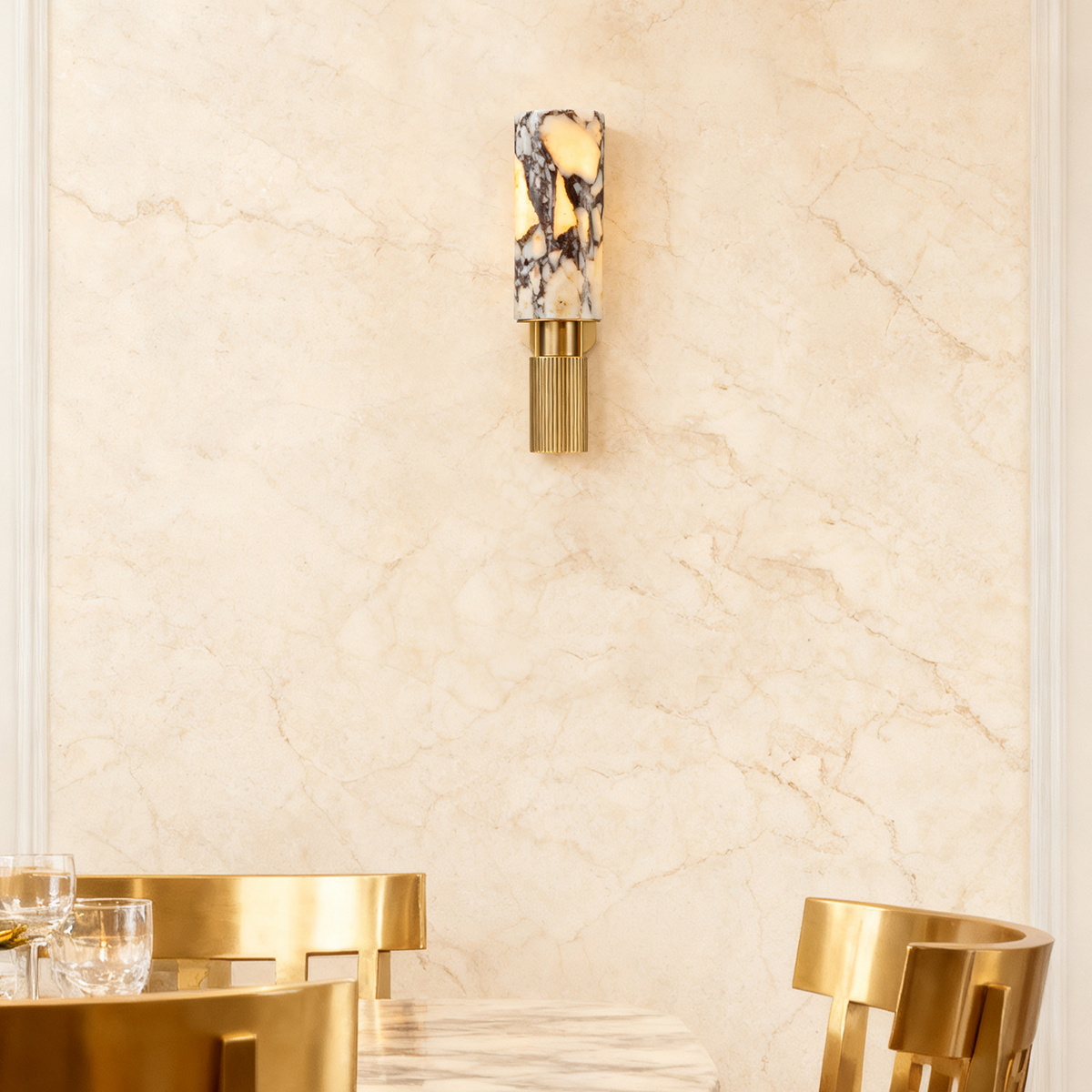 Natural Veining Cream Onyx Sconce - LED Wall Light with Brass Finish 7 Natural Veining Cream Onyx Sconce - LED Wall Light with Brass Finish - Image 7