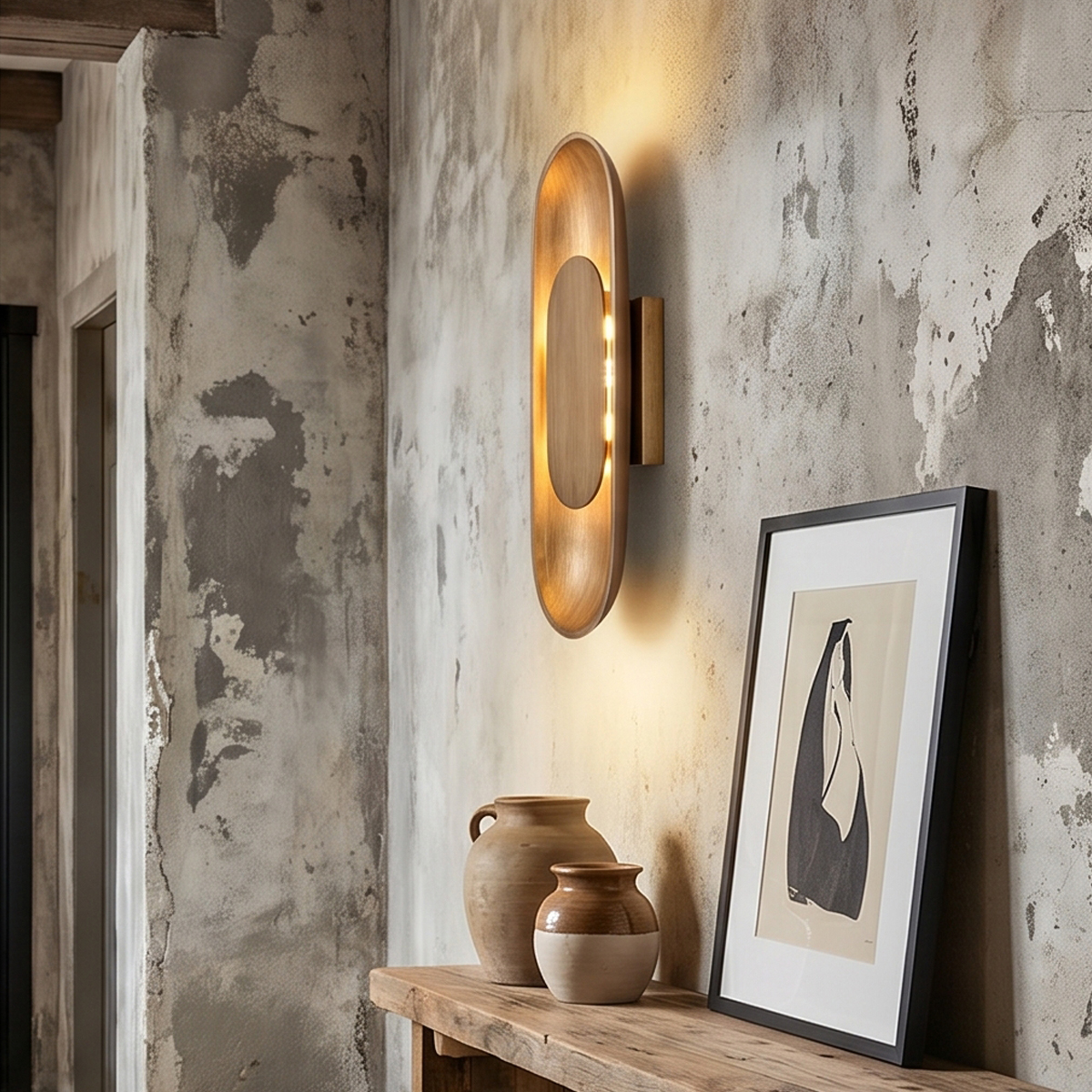 Modern Oval LED Wall Sconce 7 Industrial wabi-sabi style hallway decorated with an elongated oval LED brass sconce and framed art.