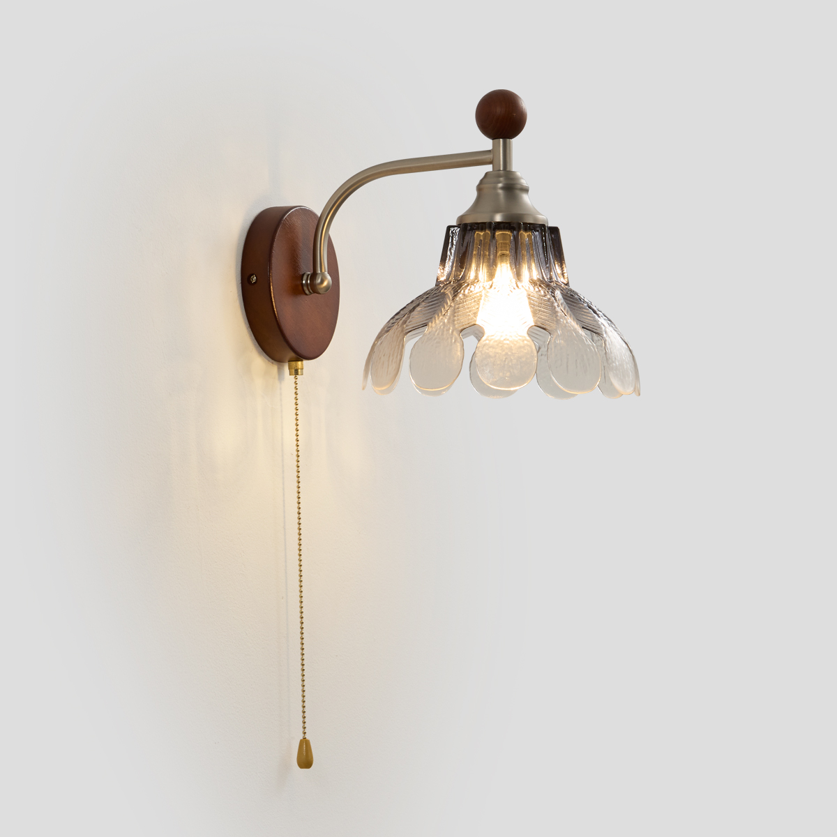 Vintage Wood & Glass Leaf Wall Sconce with Pull Chain 3 Vintage Wood & Glass Leaf Wall Sconce with Pull Chain - Image 3