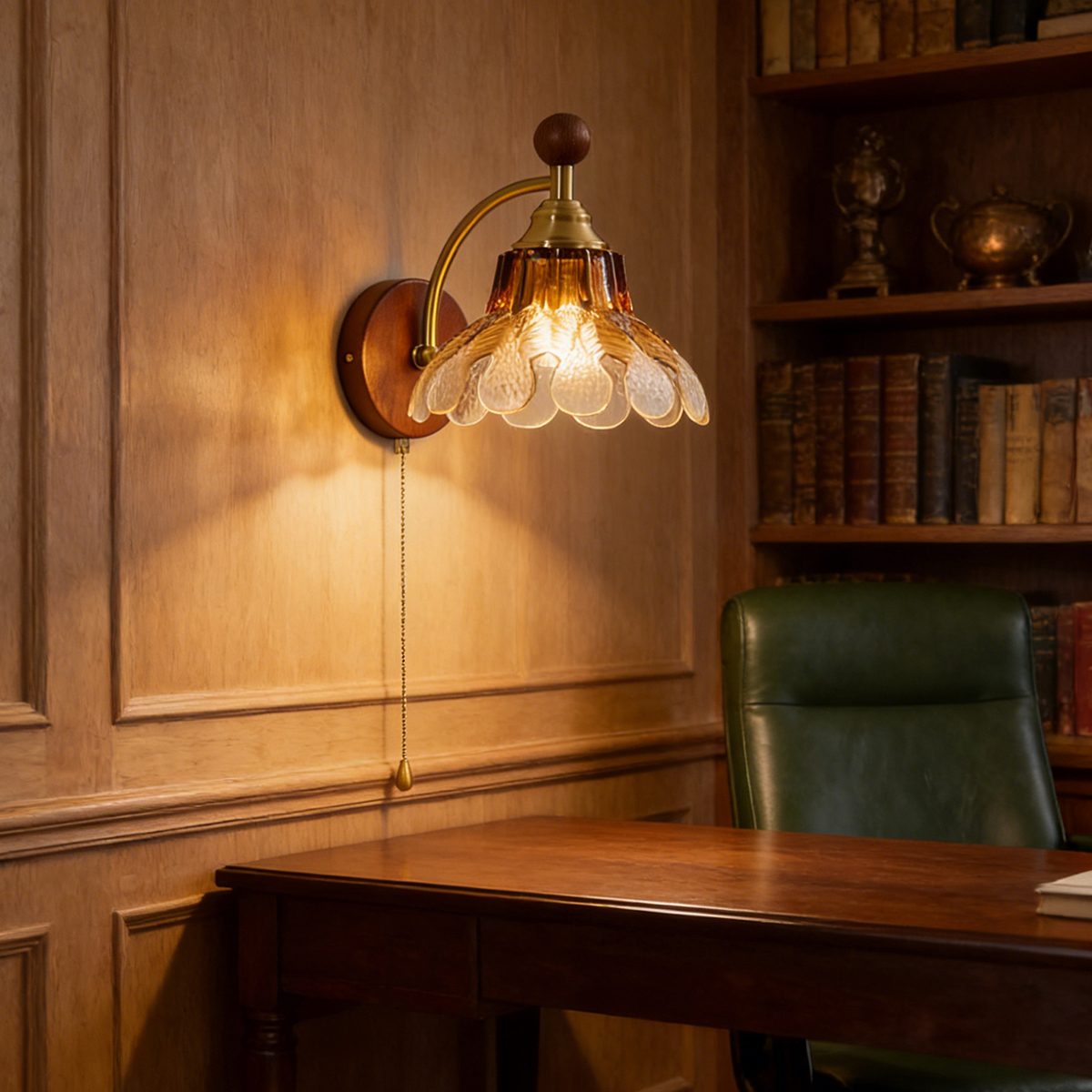 Vintage Wood & Glass Leaf Wall Sconce with Pull Chain 5 Vintage Wood & Glass Leaf Wall Sconce with Pull Chain - Image 5