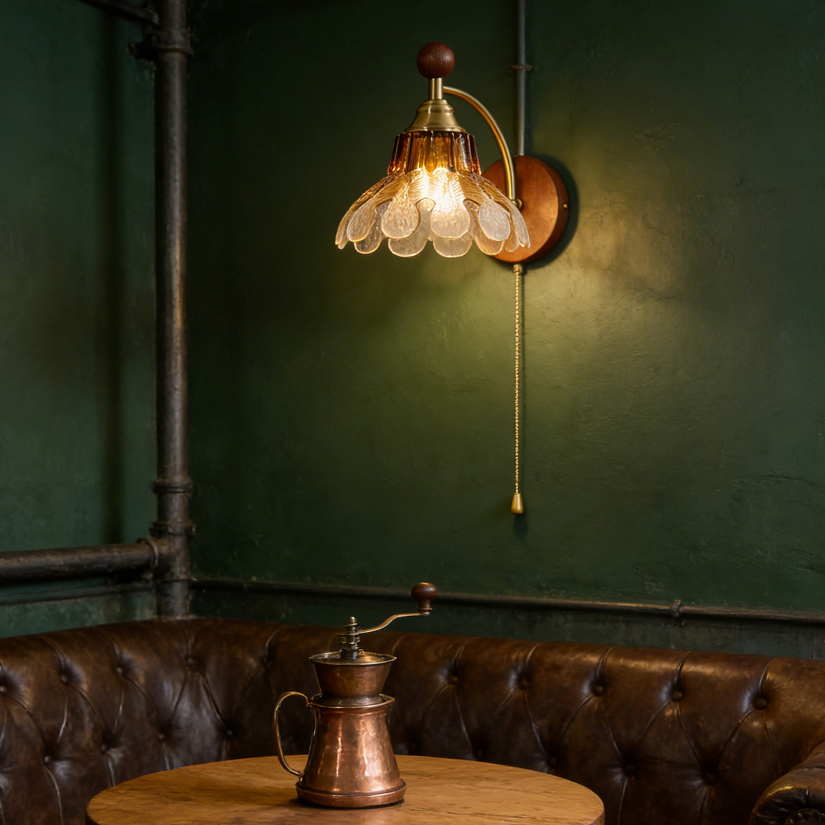 Vintage Wood & Glass Leaf Wall Sconce with Pull Chain 6 Vintage Wood & Glass Leaf Wall Sconce with Pull Chain - Image 6