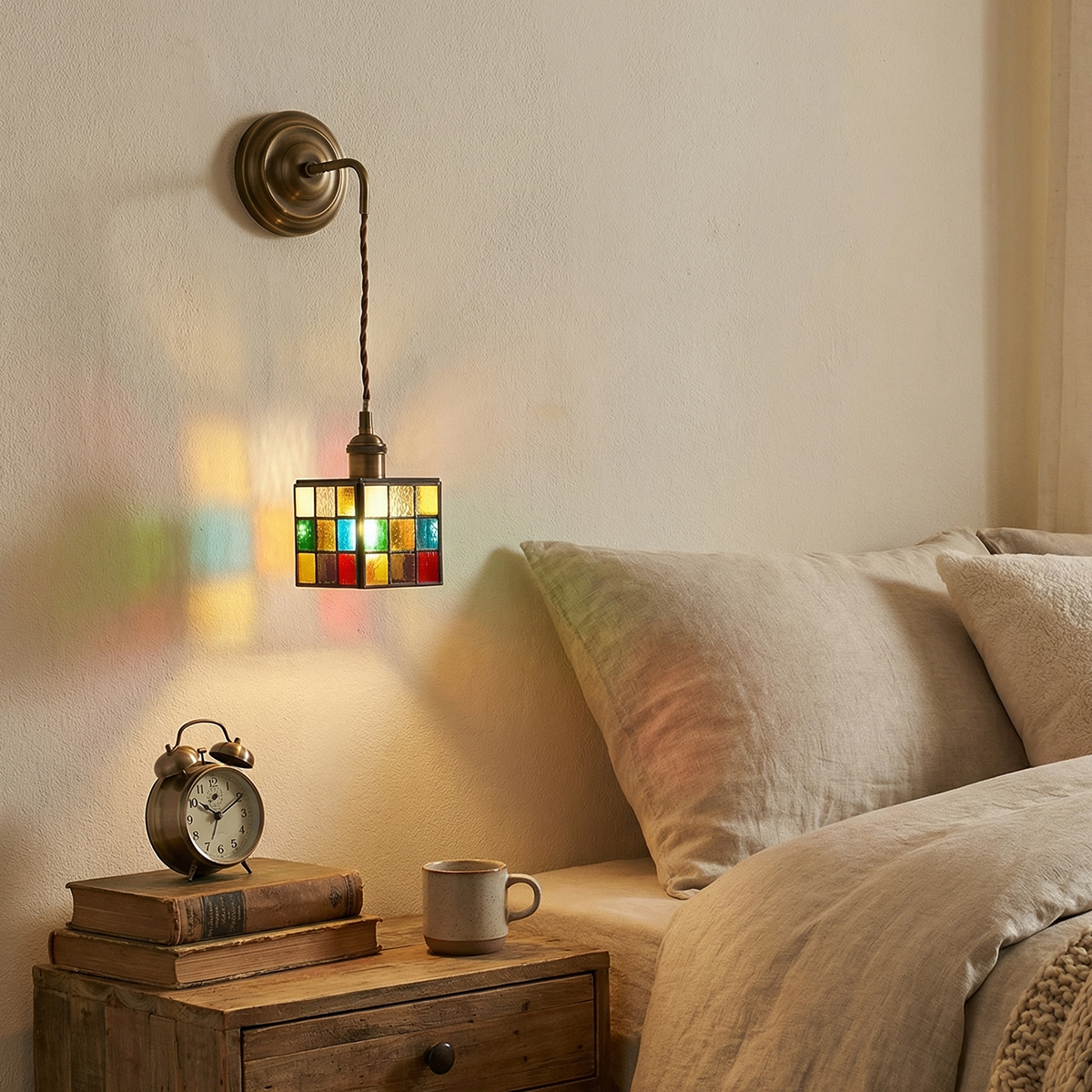 Small Square Colorful Glass Sconce 7 Colorful mosaic glass wall lamp perfect for bedside lighting or bathroom vanity.