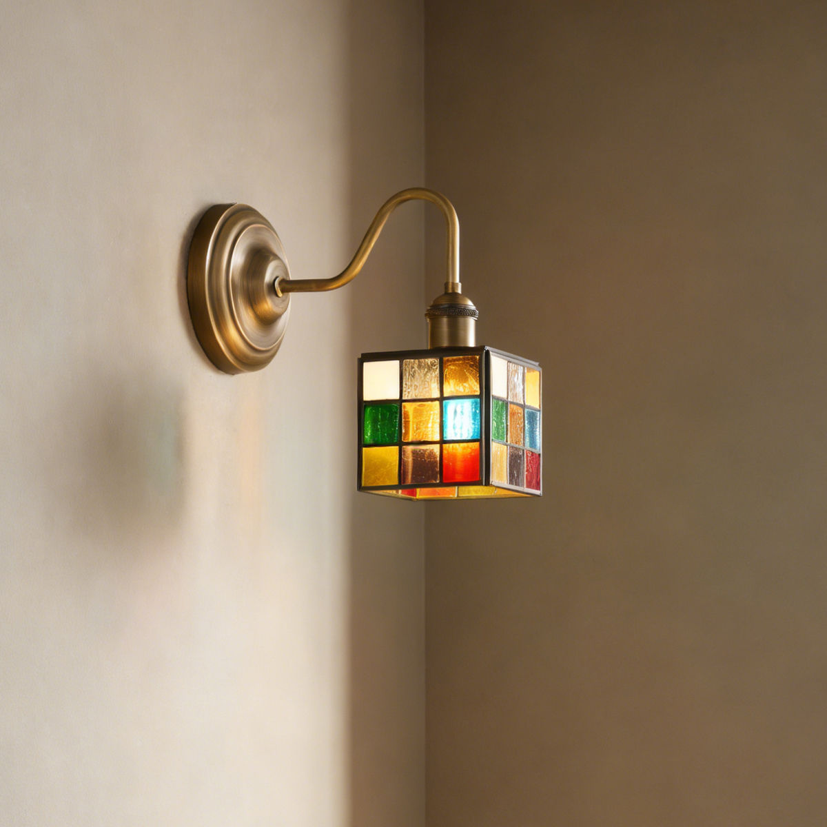 Small Square Colorful Glass Sconce 2 Tiffany style square glass sconce with antique brass hardware for a retro look.