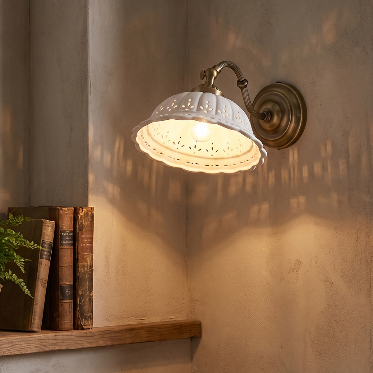 French Country Wall Sconce 4 French Country Wall Sconce with antique brass arm and scalloped pierced ceramic shade