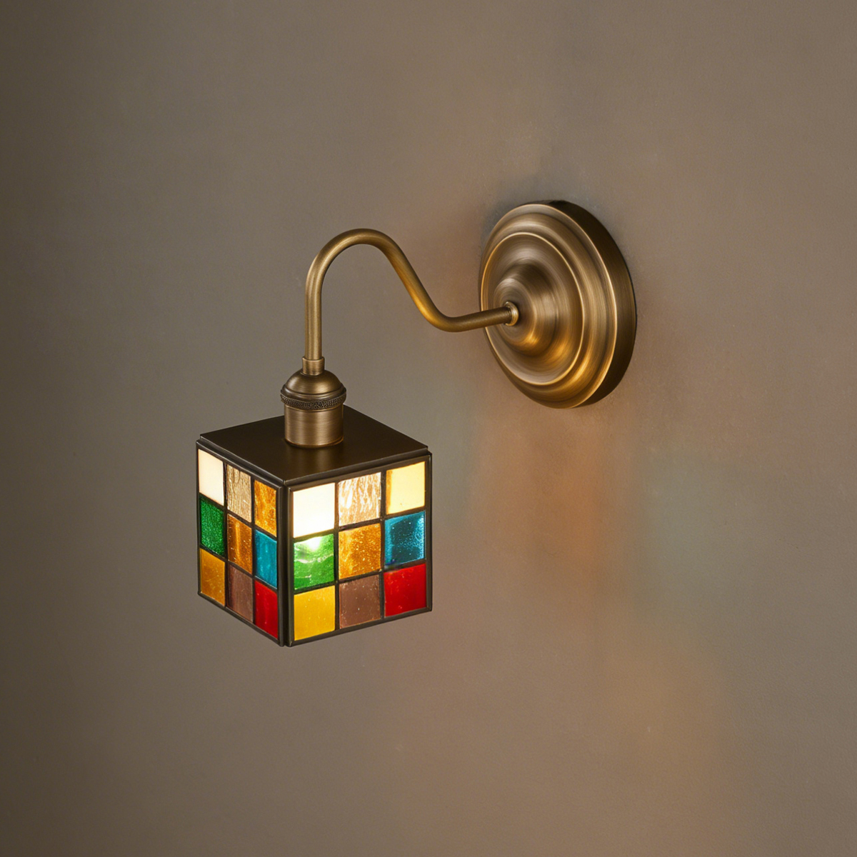 Small Square Colorful Glass Sconce 3 Tiffany style square glass sconce with antique brass hardware for a retro look.