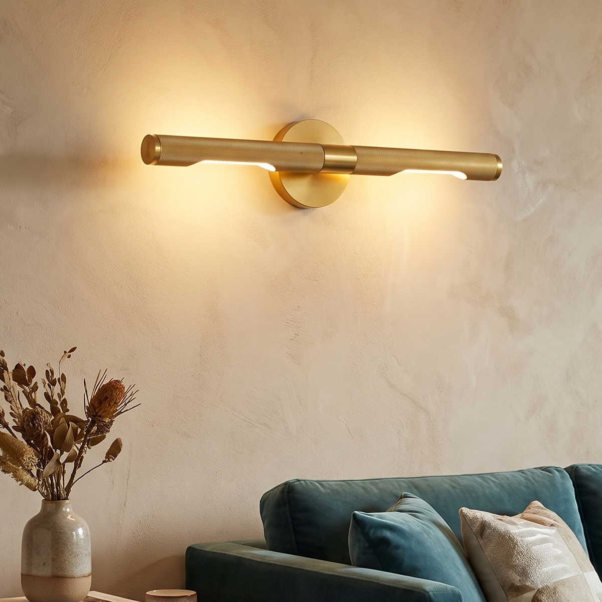 Linear Brushed Gold Picture Light 4 18.1 inch modern brushed brass LED vanity light with knurled metal texture.