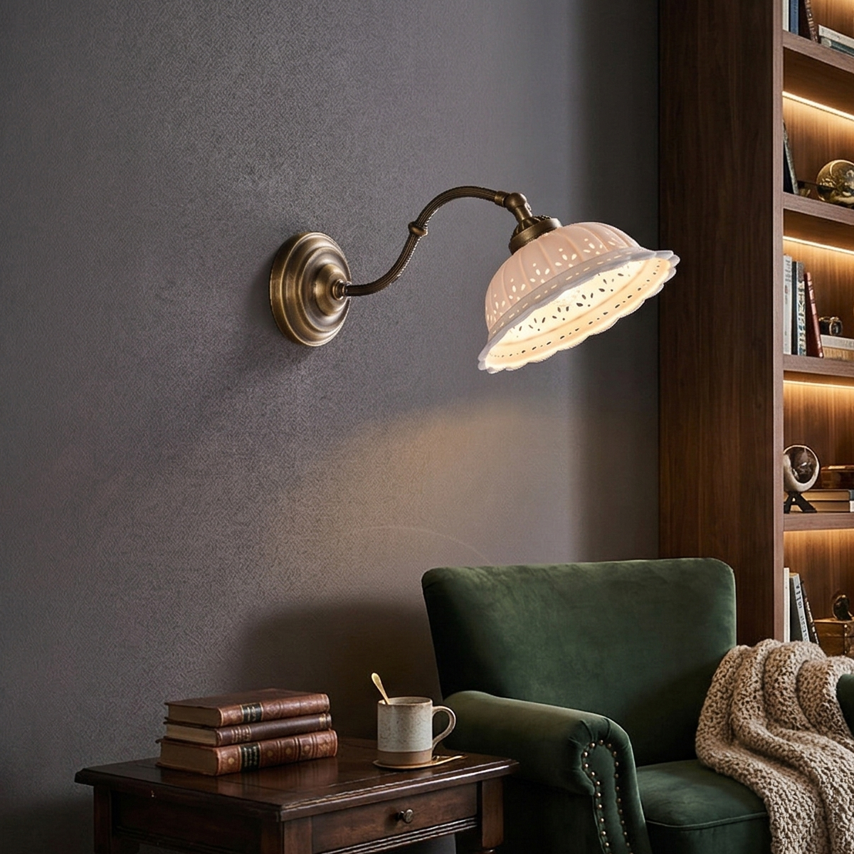French Country Wall Sconce 3 French Country Wall Sconce with antique brass arm and scalloped pierced ceramic shade