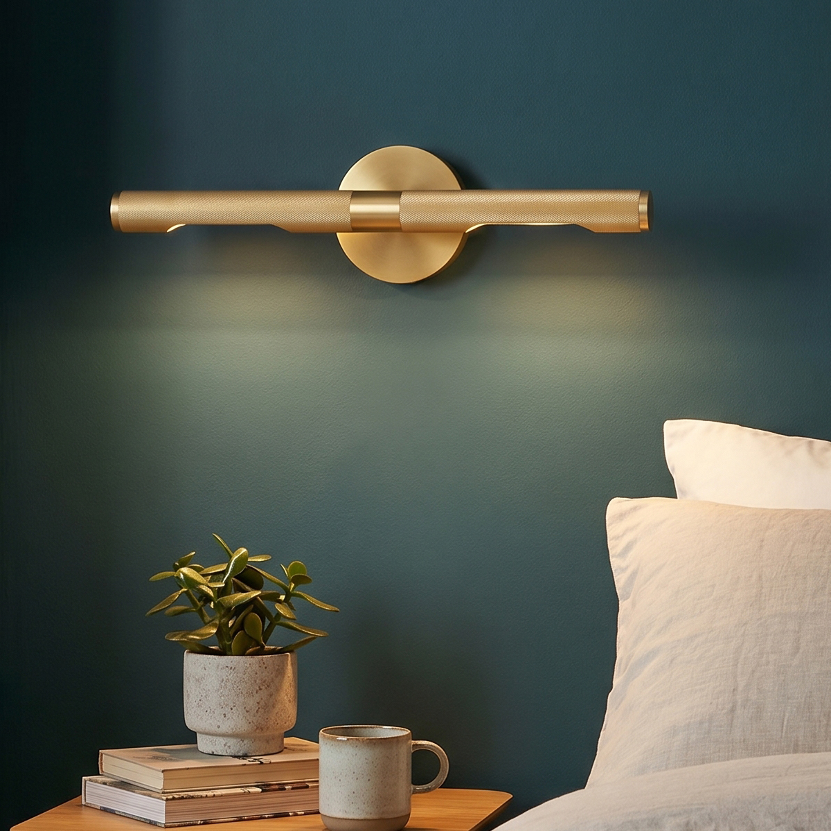 Linear Brushed Gold Picture Light 5 18.1 inch modern brushed brass LED vanity light with knurled metal texture.