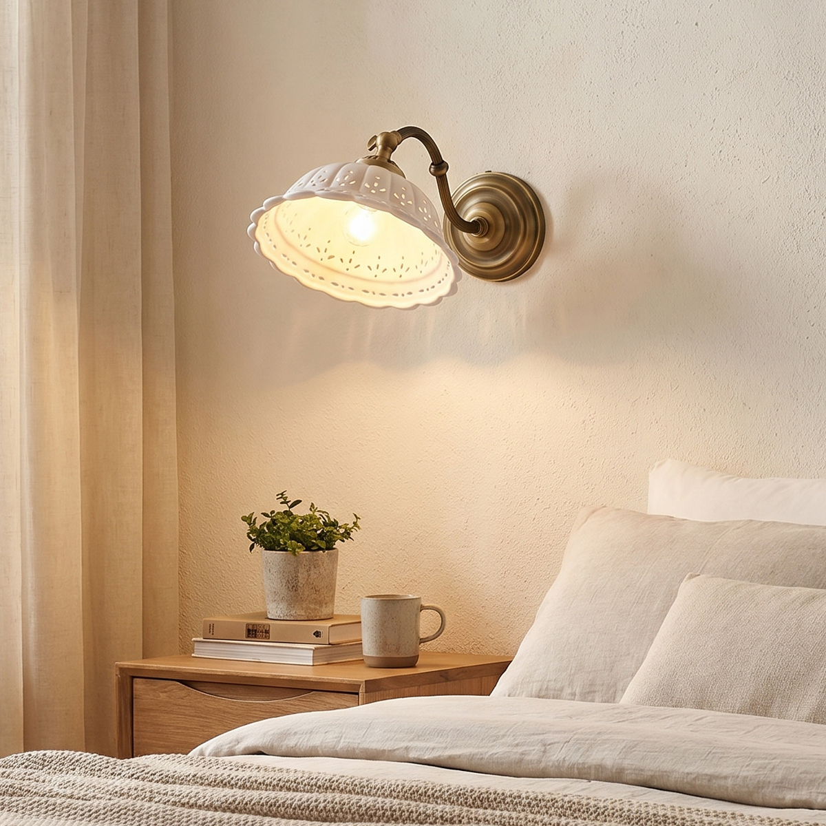 French Country Wall Sconce 6 French Country Wall Sconce with antique brass arm and scalloped pierced ceramic shade
