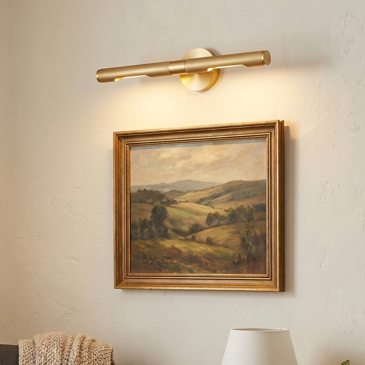 Linear Brushed Gold Picture Light 6 18.1 inch modern brushed brass LED vanity light with knurled metal texture.