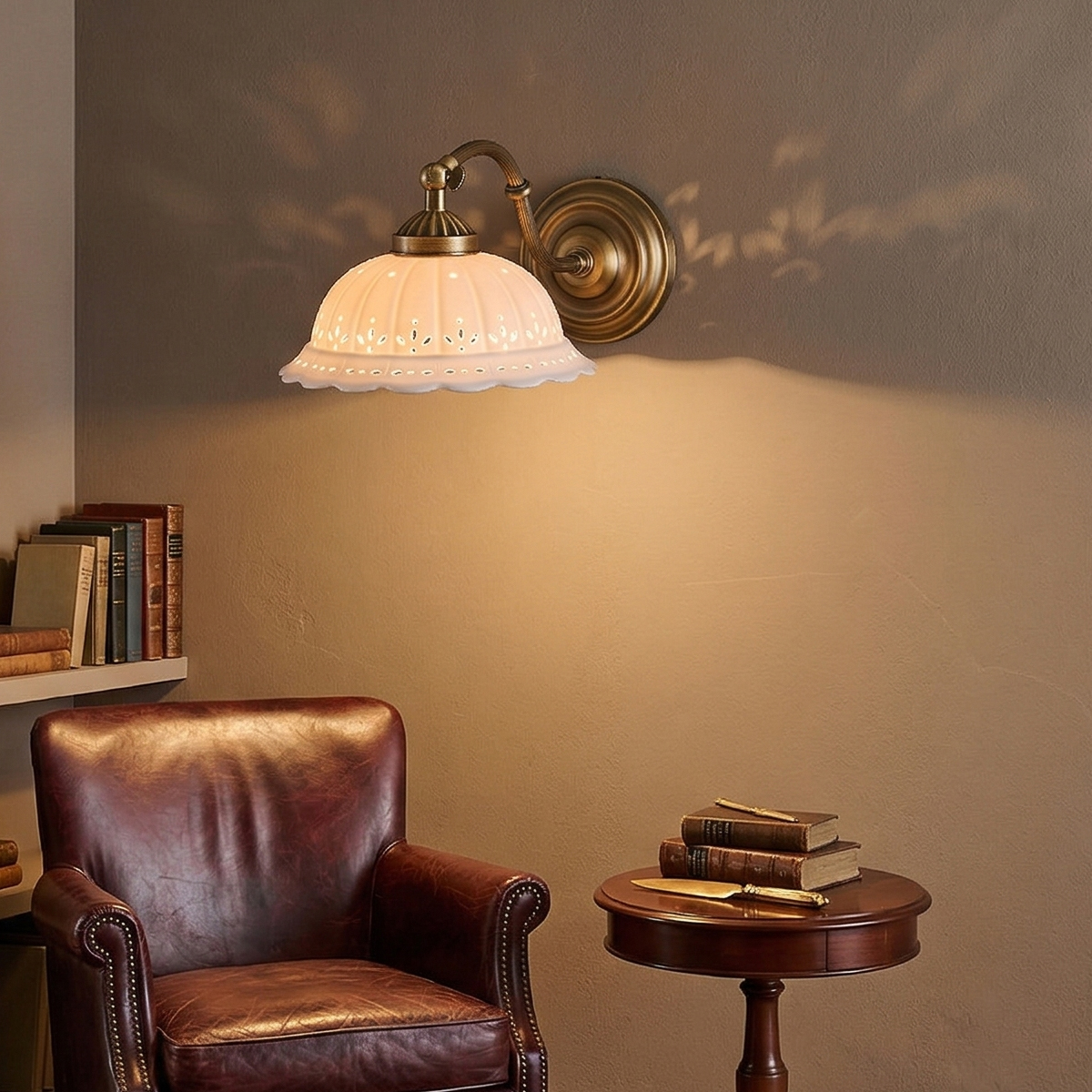 French Country Wall Sconce 5 French Country Wall Sconce with antique brass arm and scalloped pierced ceramic shade