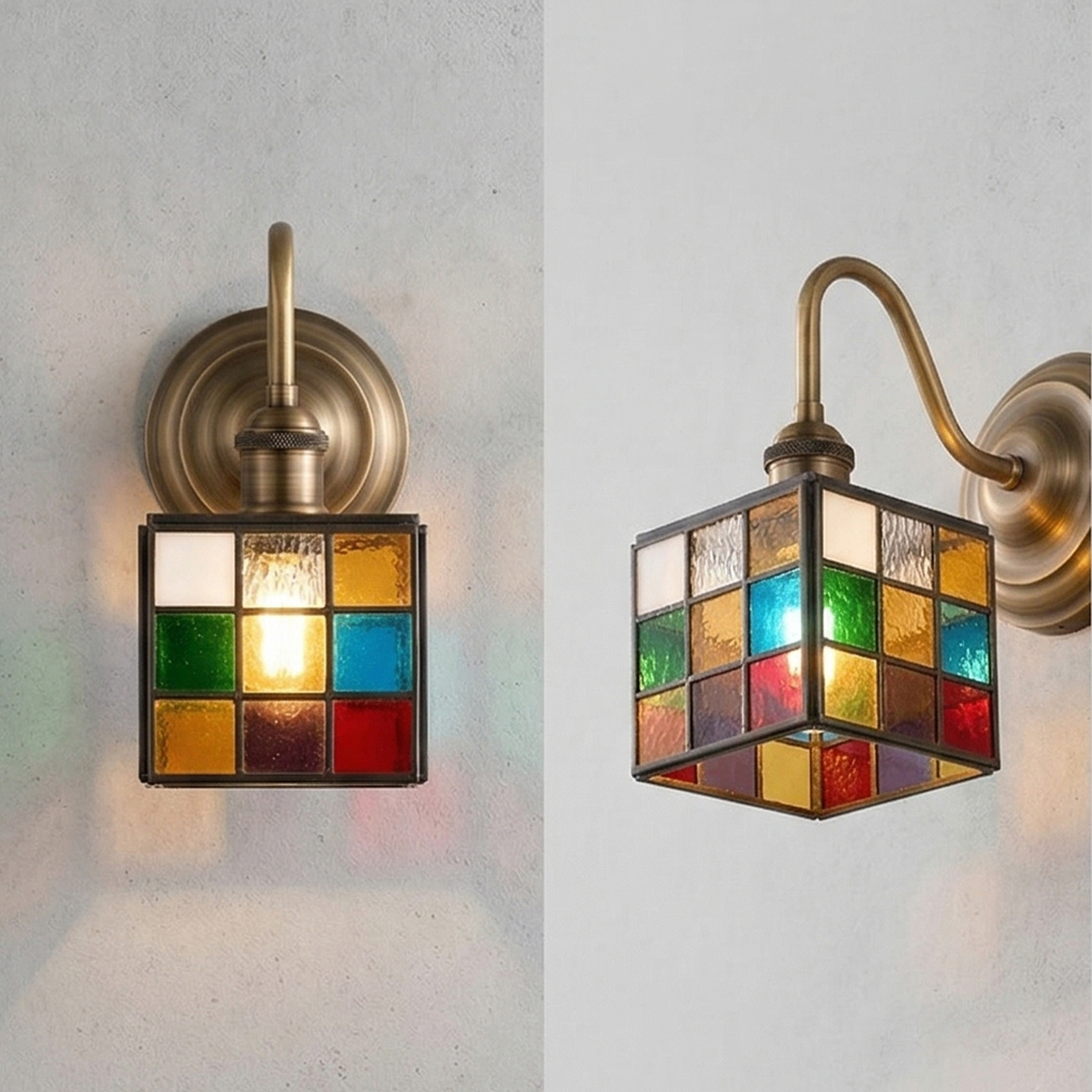 Small Square Colorful Glass Sconce 4 Tiffany style square glass sconce with antique brass hardware for a retro look.