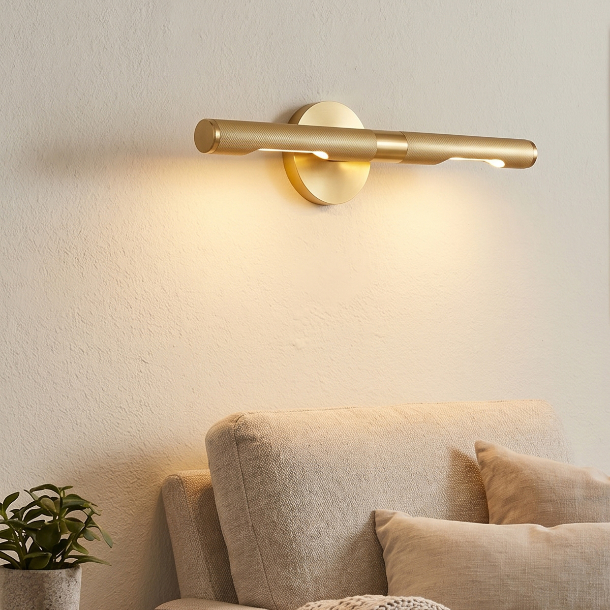 Linear Brushed Gold Picture Light 7 18.1 inch modern brushed brass LED vanity light with knurled metal texture.