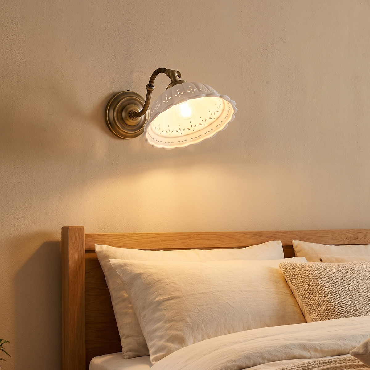 French Country Wall Sconce 7 French Country Wall Sconce with antique brass arm and scalloped pierced ceramic shade