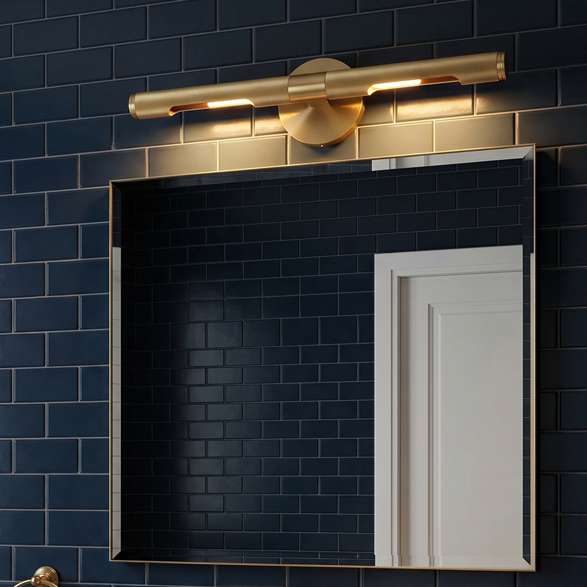 Linear Brushed Gold Picture Light 9 18.1 inch modern brushed brass LED vanity light with knurled metal texture.