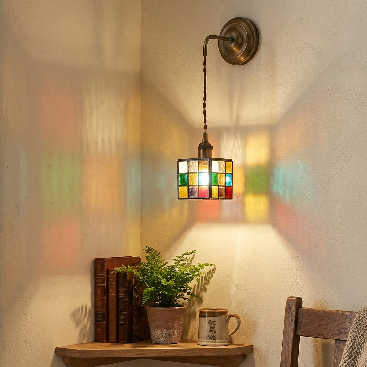 Small Square Colorful Glass Sconce 6 Tiffany style square glass sconce with antique brass hardware for a retro look.
