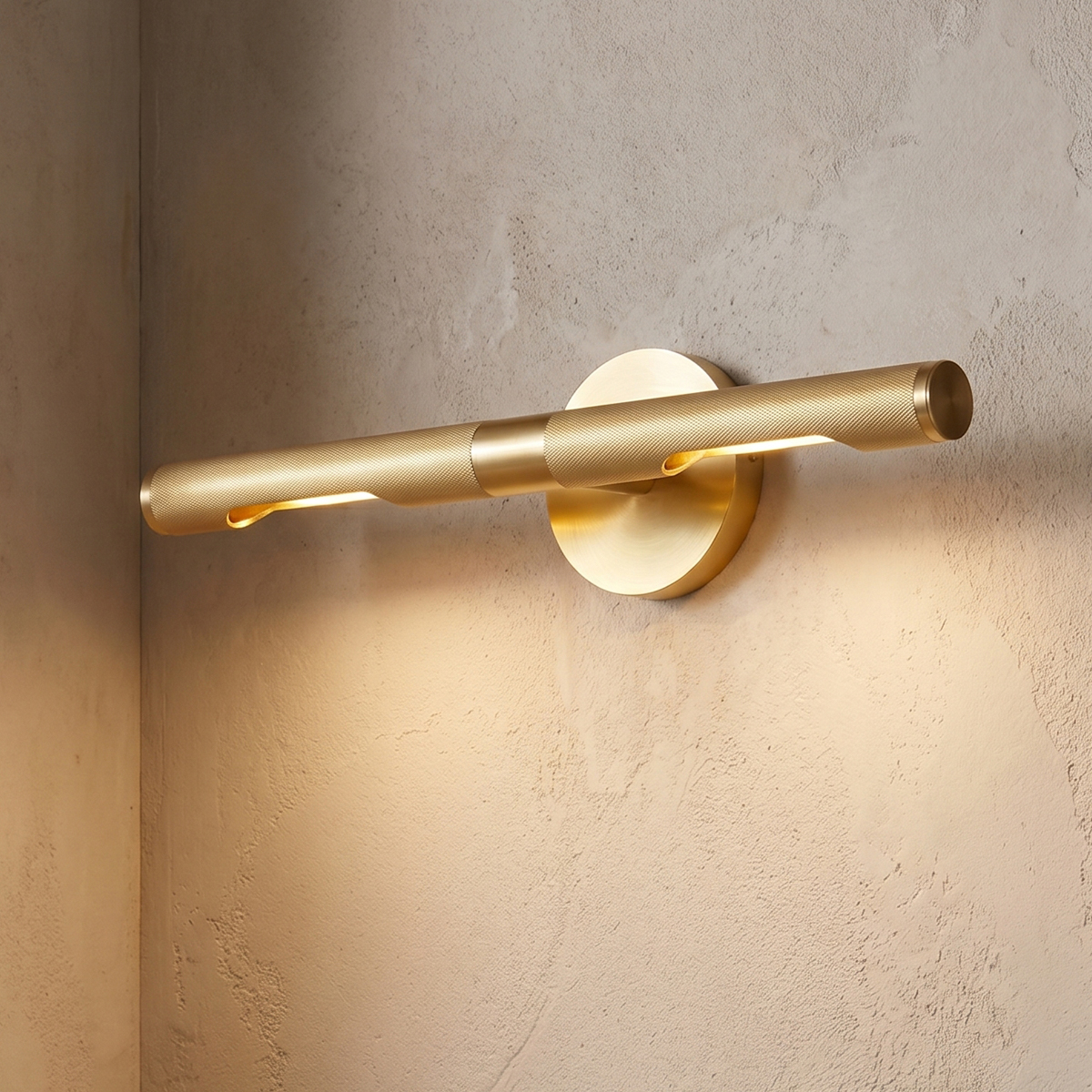 Linear Brushed Gold Picture Light 2 18.1 inch modern brushed brass LED vanity light with knurled metal texture.