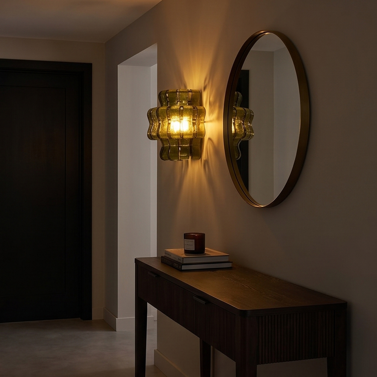 Vintage Green Glass Sconce 7 Elevate your home with this vintage green glass sconce. Featuring tiered, wavy olive glass and a warm amber glow, perfect for mid-century modern spaces. Shop now!