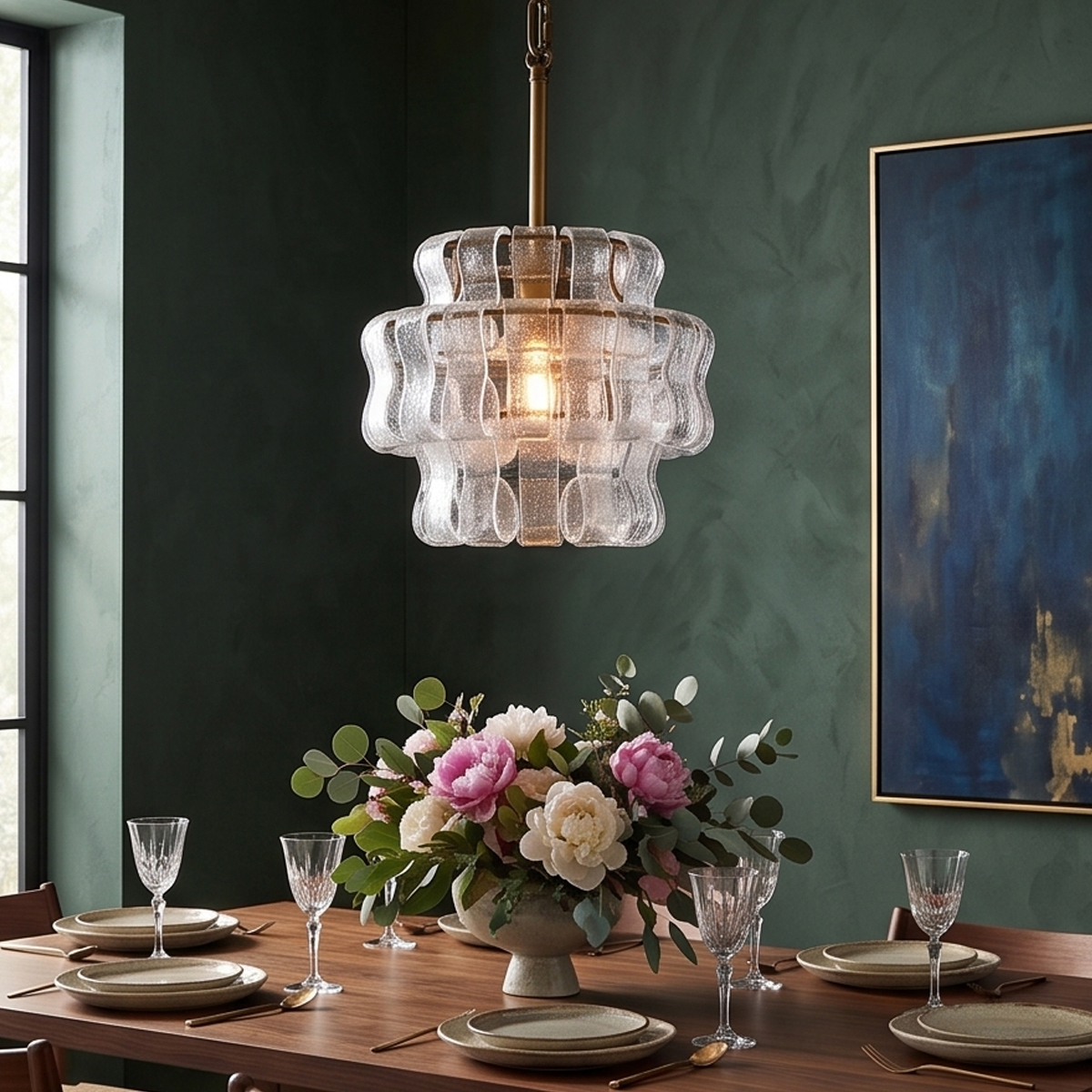 Vintage green glass chandelier 7 Vintage green glass hanging lamp suspended over a dining room table US market home decor
