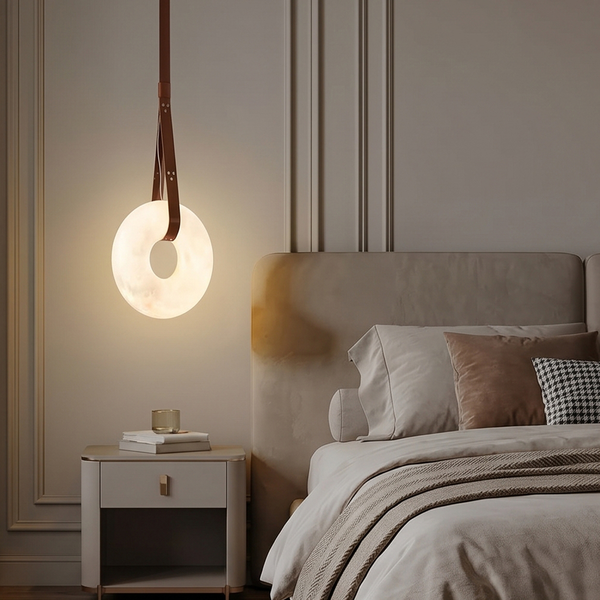 Alabaster Ring Pendant Light 2 Alt Text: Three illuminated alabaster ring pendant lights suspended by brown leather straps with brass hardware against a light grey background.