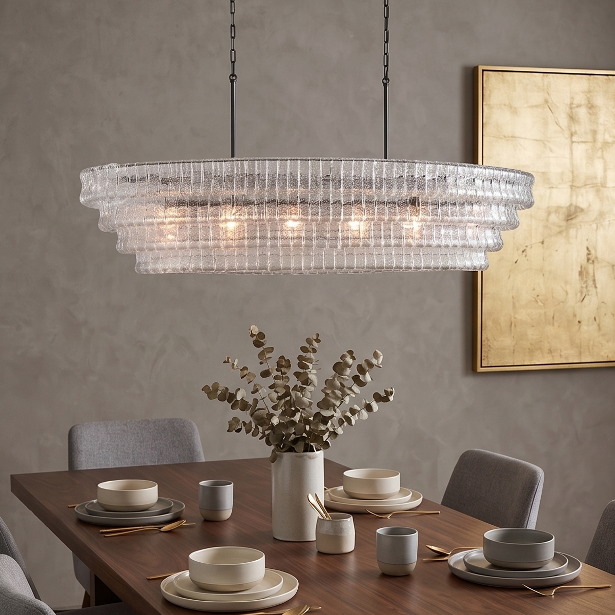 Tiered Olive Green Glass Pendant Light 6 Dining room interior featuring an elegant tiered green glass chandelier as a focal point.