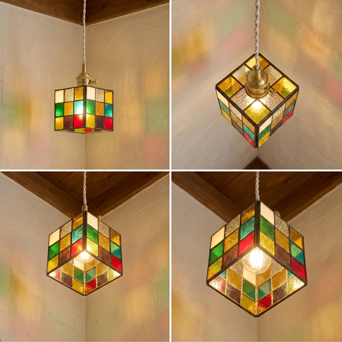 Vintage Stained Glass Cube Pendant Light 2 Small colorful glass hanging lamp installed above a bistro table in a vintage-inspired dining space