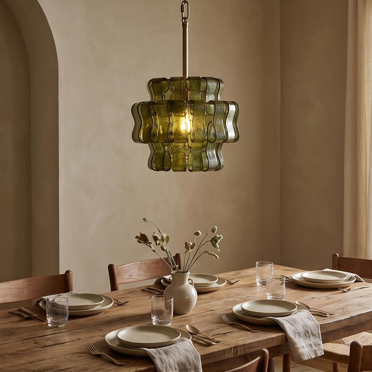 Vintage green glass chandelier 3 Vintage green glass hanging lamp suspended over a dining room table US market home decor