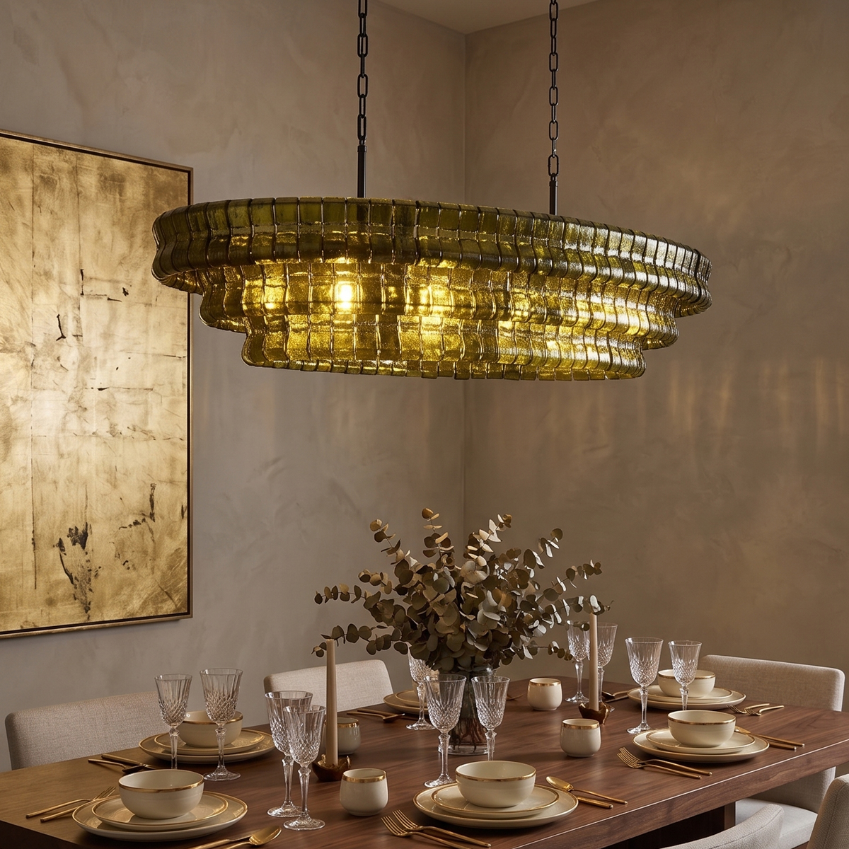 Tiered Olive Green Glass Pendant Light 2 Dining room interior featuring an elegant tiered green glass chandelier as a focal point.