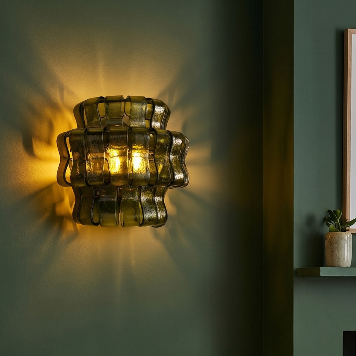 Vintage Green Glass Sconce 4 Elevate your home with this vintage green glass sconce. Featuring tiered, wavy olive glass and a warm amber glow, perfect for mid-century modern spaces. Shop now!