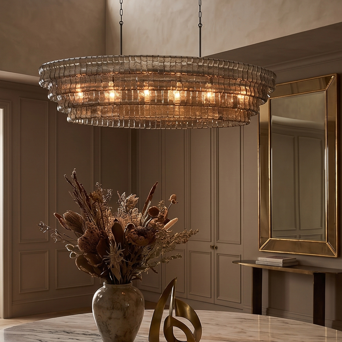 Tiered Olive Green Glass Pendant Light 7 Dining room interior featuring an elegant tiered green glass chandelier as a focal point.