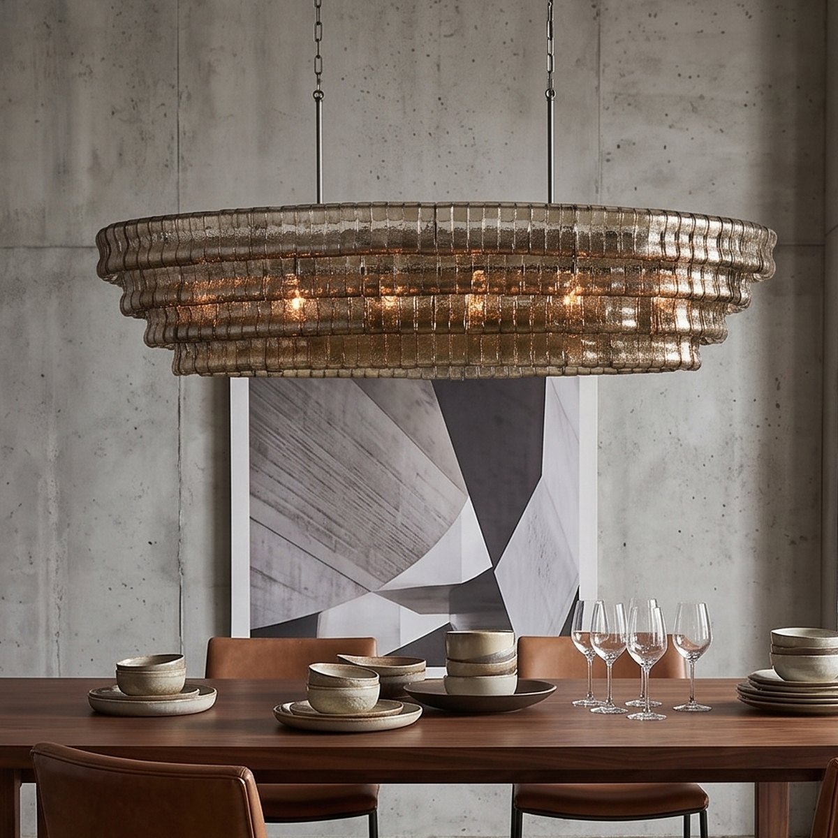 Tiered Olive Green Glass Pendant Light 8 Dining room interior featuring an elegant tiered green glass chandelier as a focal point.