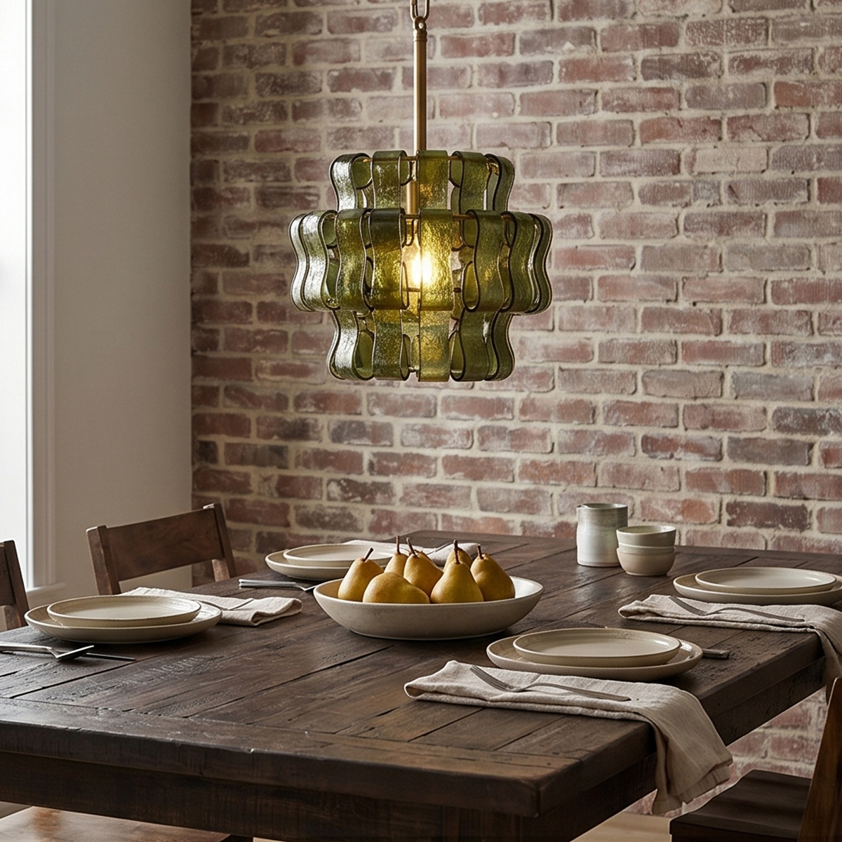 Vintage green glass chandelier 5 Vintage green glass hanging lamp suspended over a dining room table US market home decor