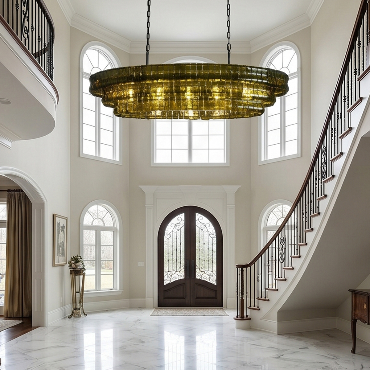 Tiered Olive Green Glass Pendant Light 4 Dining room interior featuring an elegant tiered green glass chandelier as a focal point.
