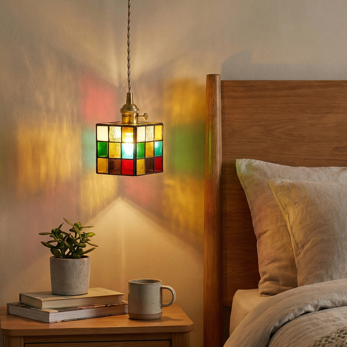 Vintage Stained Glass Cube Pendant Light 5 Small colorful glass hanging lamp installed above a bistro table in a vintage-inspired dining space