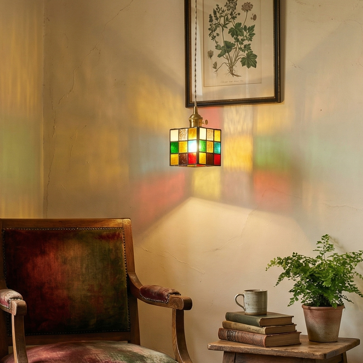 Vintage Stained Glass Cube Pendant Light 6 Small colorful glass hanging lamp installed above a bistro table in a vintage-inspired dining space