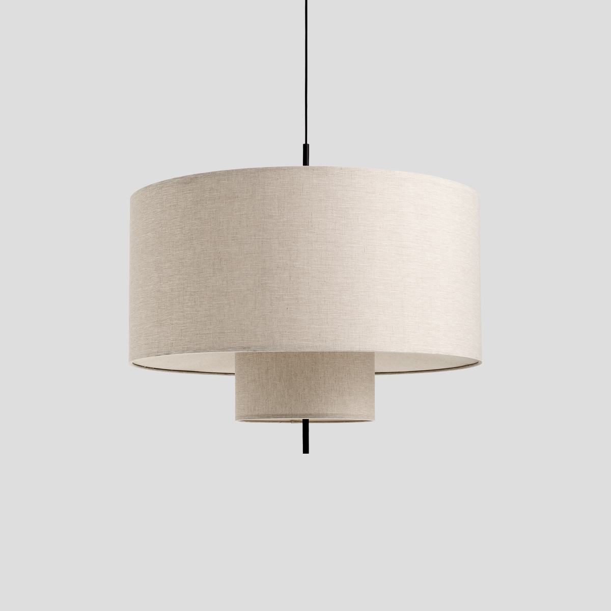Modern 2-Tier Linen Pendant Light 1 Modern 2-tier linen pendant light with textured beige fabric drum shade.