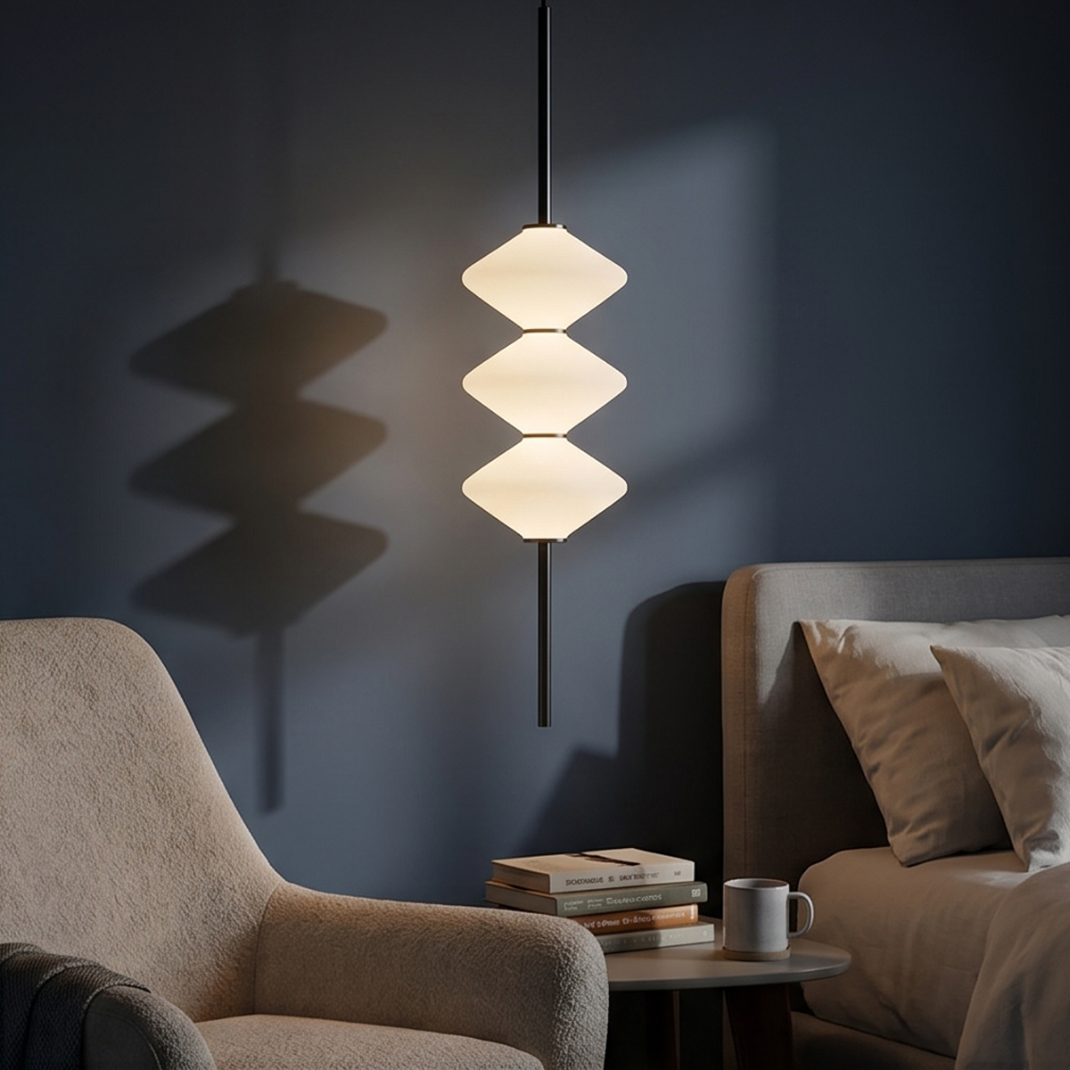 Modern Linear LED Chandelier 6 Modern LED hanging lamp with adjustable cords showcasing high ceiling installation