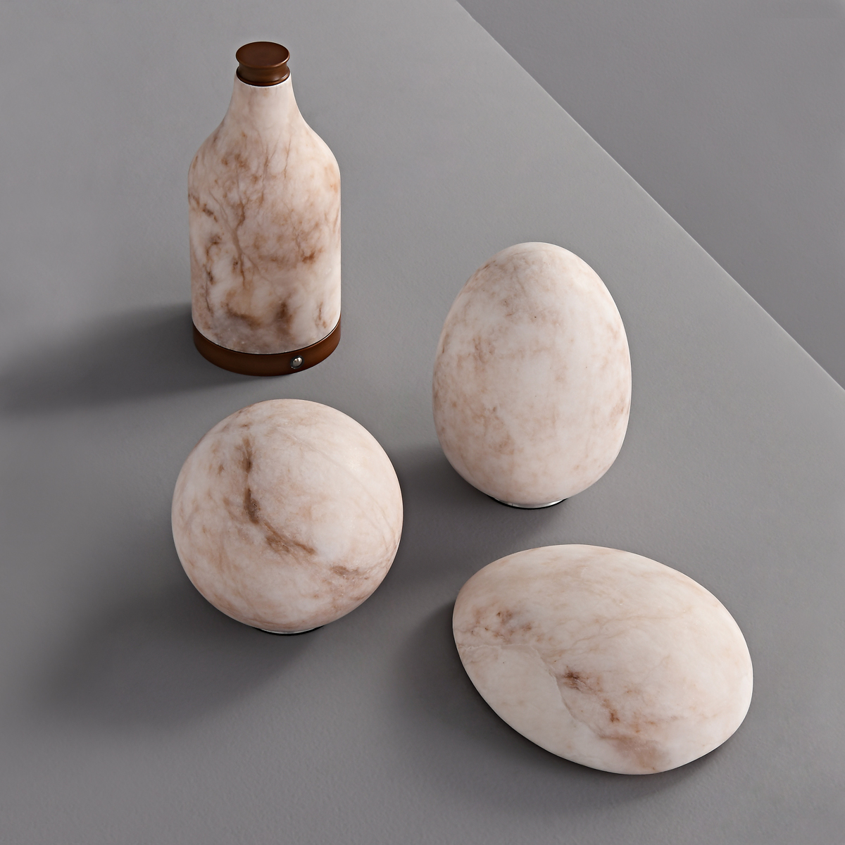Natural Alabaster Stone Table Lamps 2 Contemporary dual-light desk lamp styled on a minimalist living room side table.