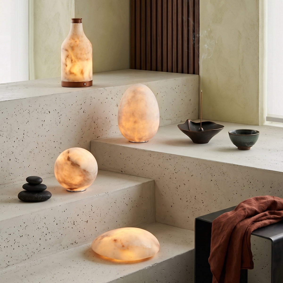 Natural Alabaster Stone Table Lamps 8 Side-by-side comparison of the modern table lamp turned on and off.