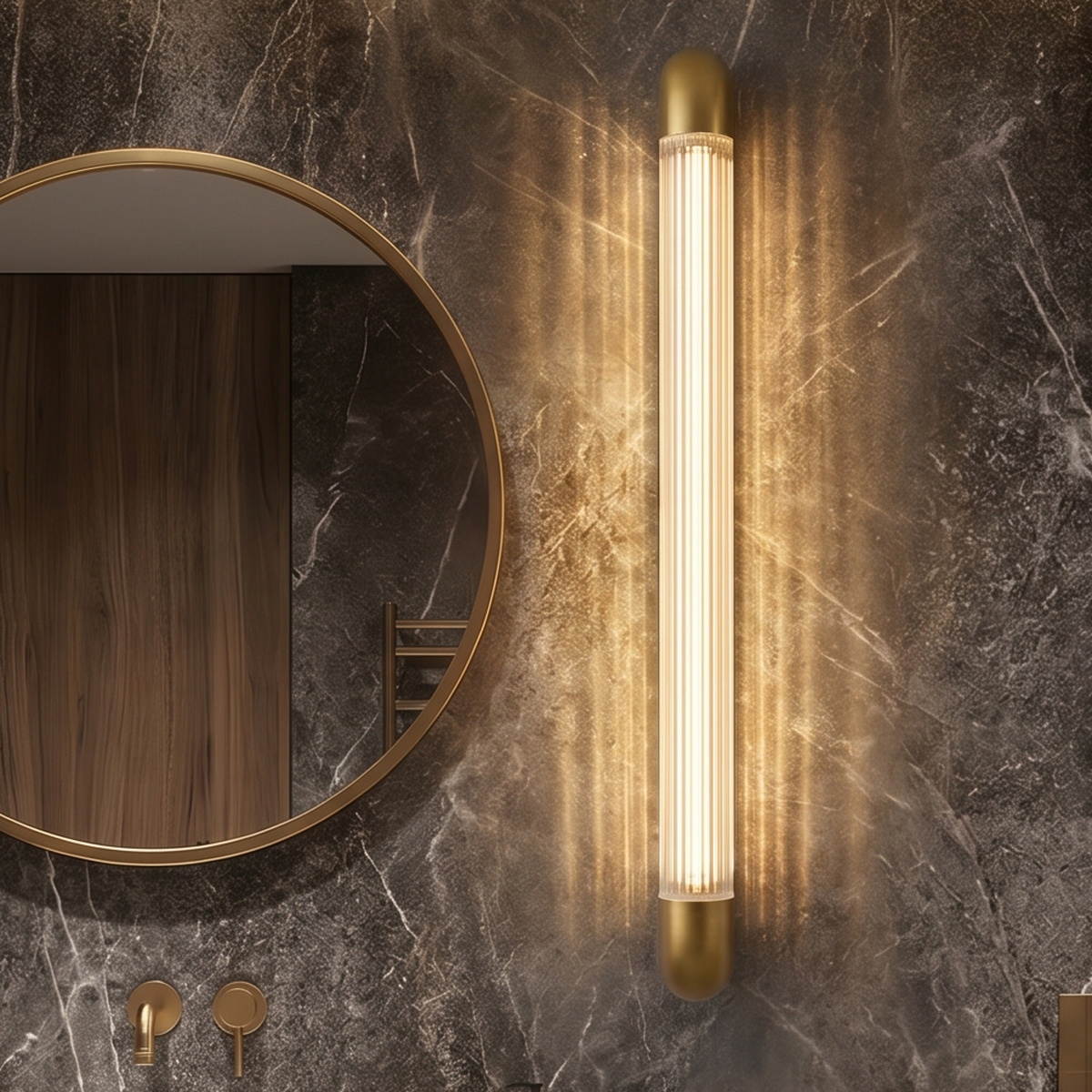 Modern Linear LED Wall Sconce 7 Premium gold modern LED sconce illuminating a contemporary hallway corridor.