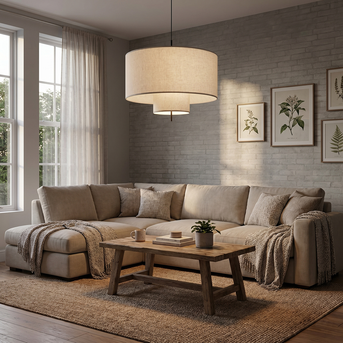 Modern 2-Tier Linen Pendant Light 3 Minimalist layered linen hanging light fixture in a contemporary warm living room.