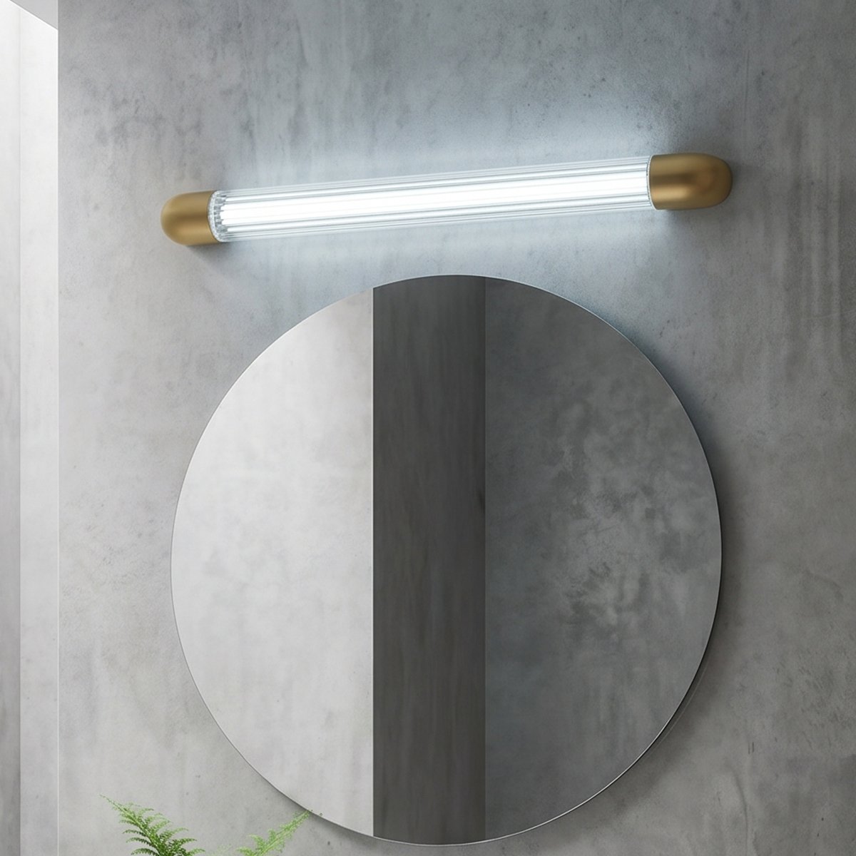 Modern Linear LED Wall Sconce 5 Linear LED vanity light bar installed vertically next to a bathroom mirror.