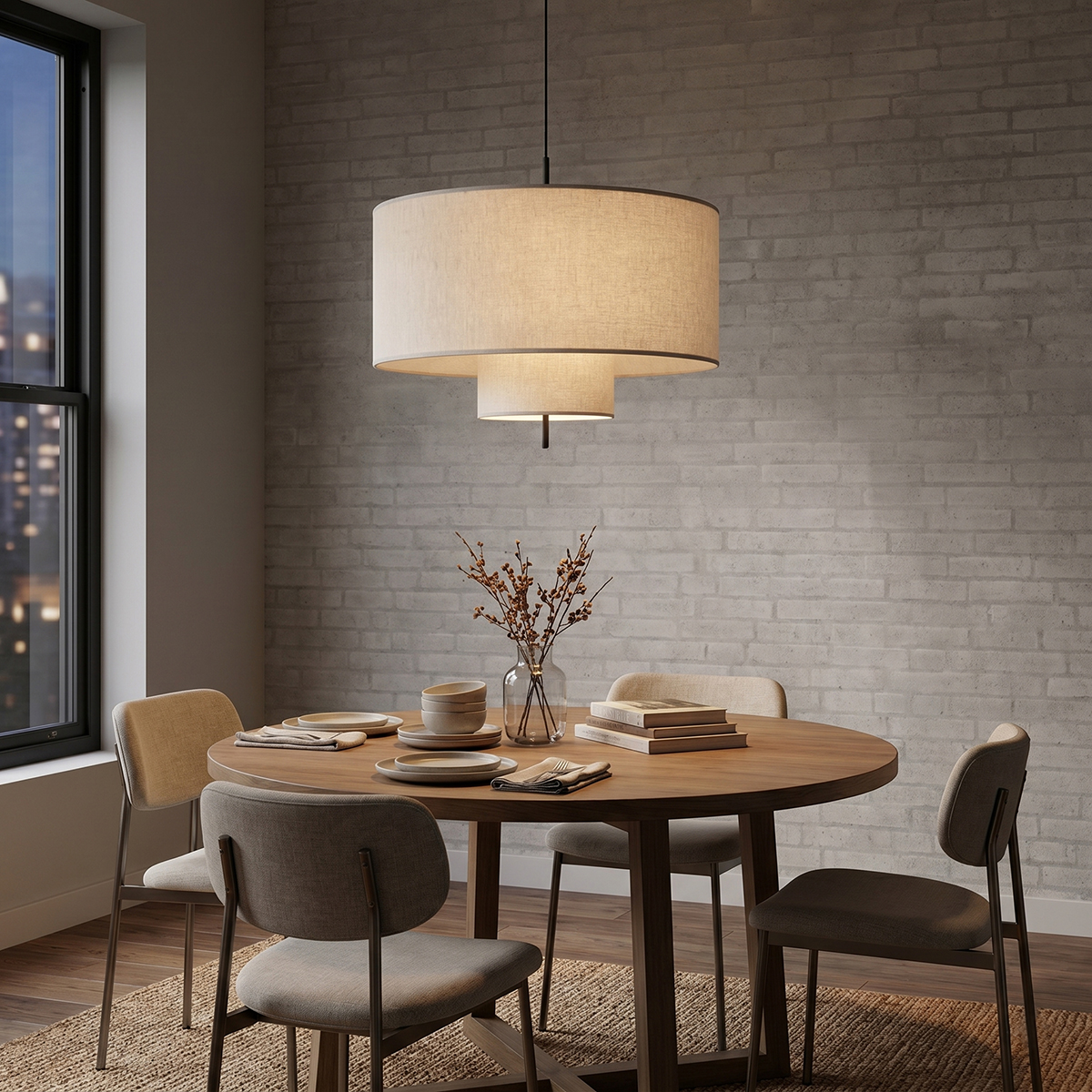 Modern 2-Tier Linen Pendant Light 4 Layered fabric shade chandelier lighting hanging over a wooden dining room table.