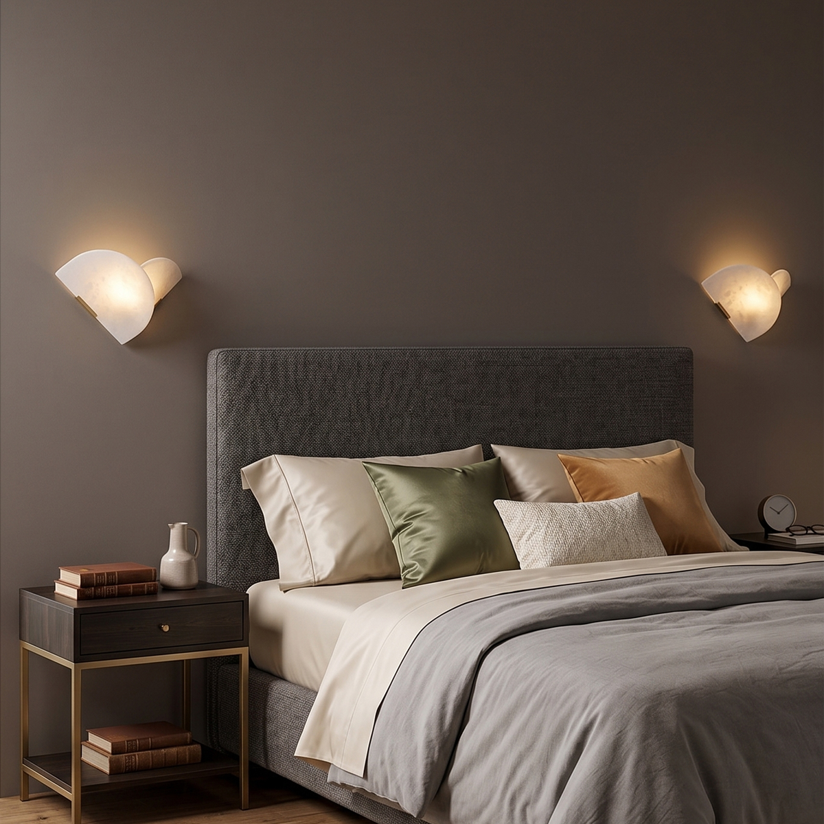 Modern Alabaster Wall Sconce 8 Luxury bedroom interior featuring two alabaster stone wall lamps used as artistic bedside reading lights.