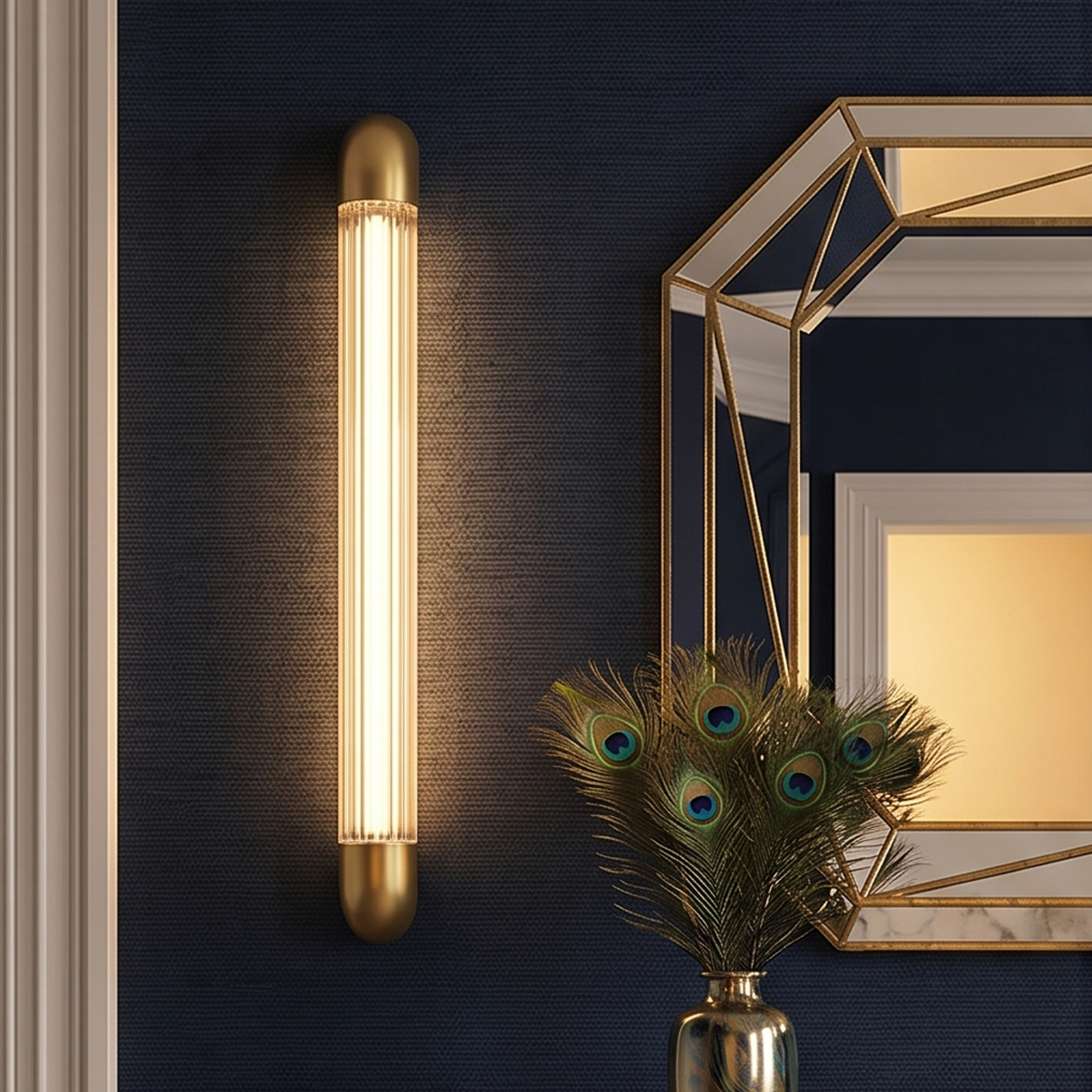 Modern Linear LED Wall Sconce 3 Minimalist linear LED wall sconce accenting a modern living room TV background wall.