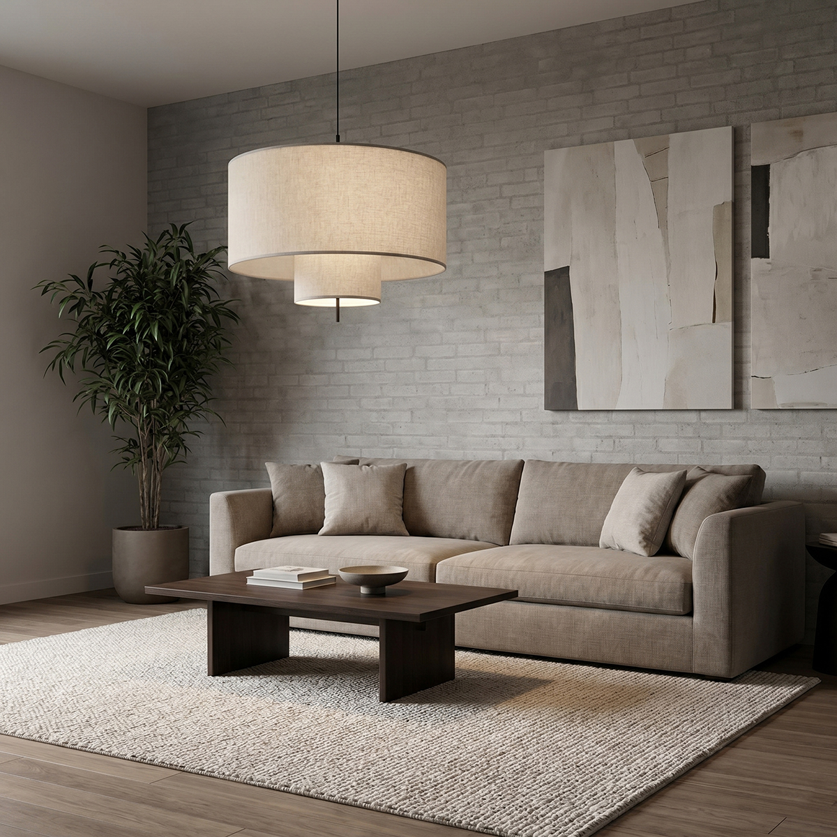 Modern 2-Tier Linen Pendant Light 2 Neutral cream linen pendant lamp matching mid-century modern living room decor.