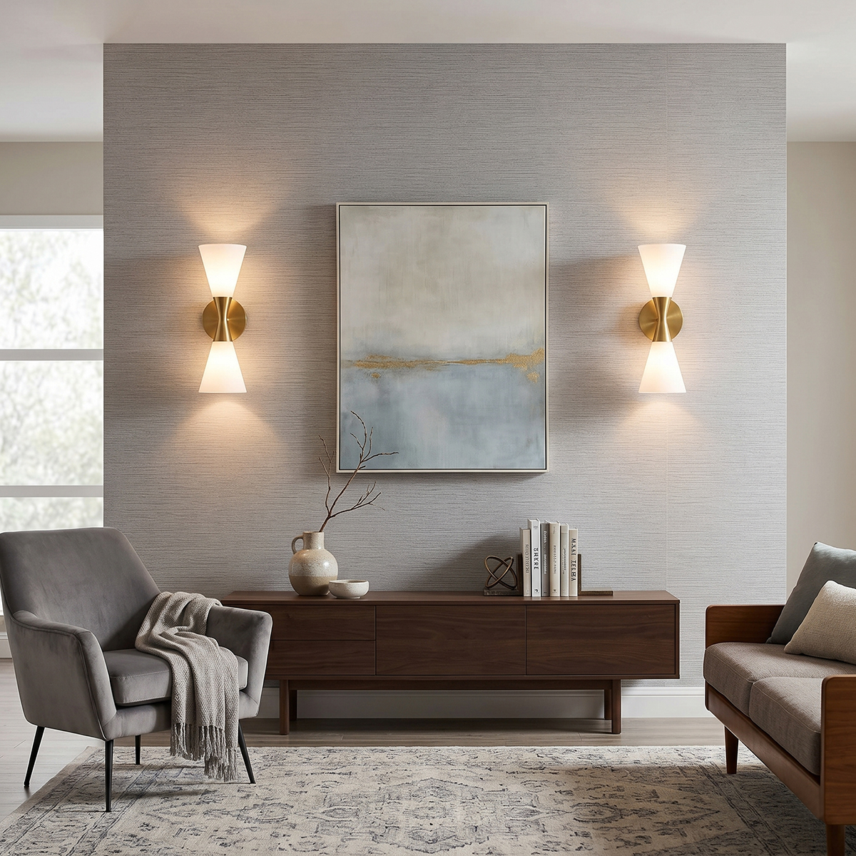 Mid-Century Modern Glass Wall Sconce 6 A pair of brass hourglass wall sconces flanking an abstract painting in a modern, luxury living room setup.